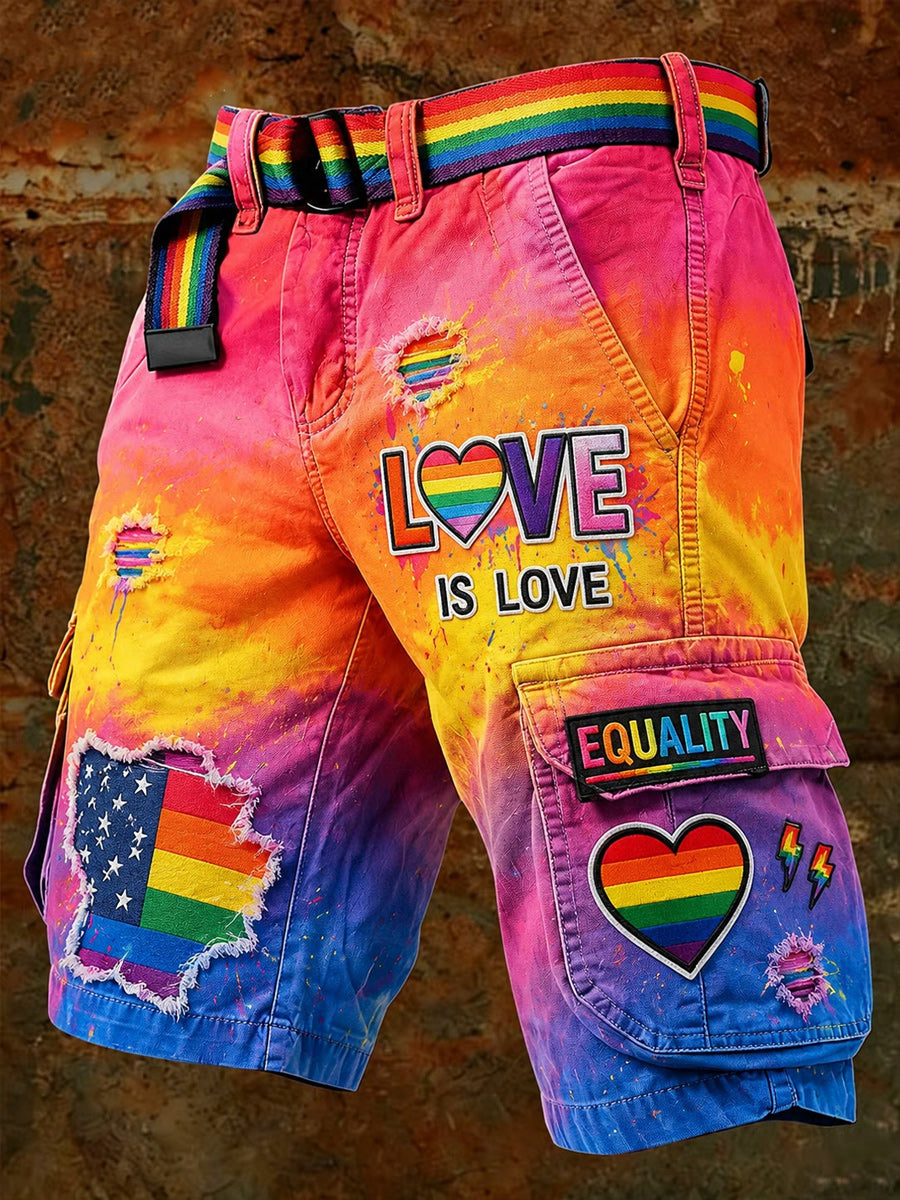 Men's Retro Pride Month Rainbow Art Print Casual Loose Pocket Work Shorts